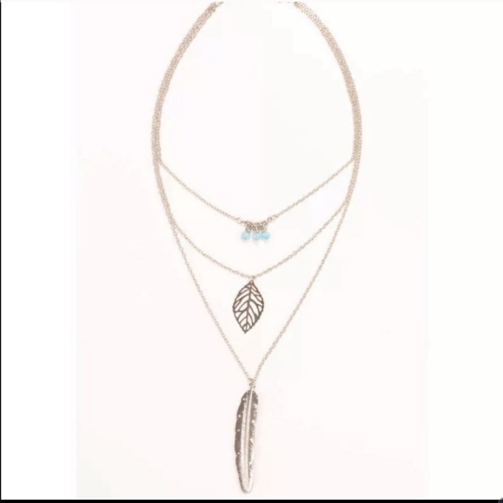 NWOT BOHO Beaded Feather Layered Necklace - Picture 2 of 3